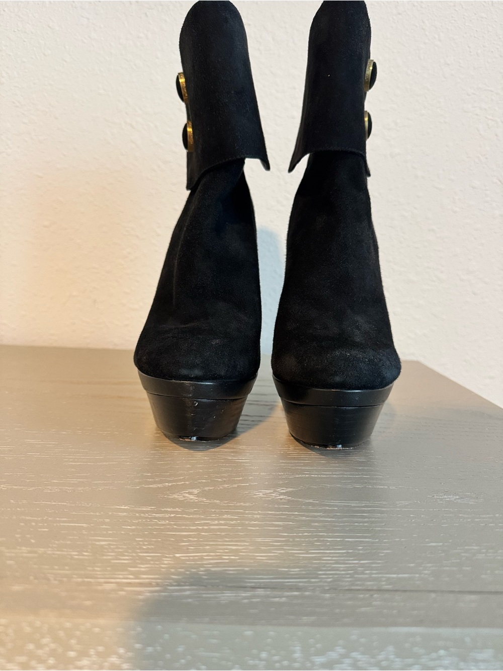 Rachel Zoe Black Suede High Heel Ankle Boots with Gold Accents - Picture 3 of 8